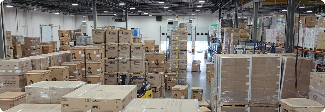 Warehouse stocked with HVAC and plumbing equipment