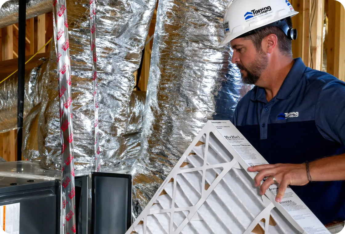 Tempo Mechanical technician installing an air filter in a new home