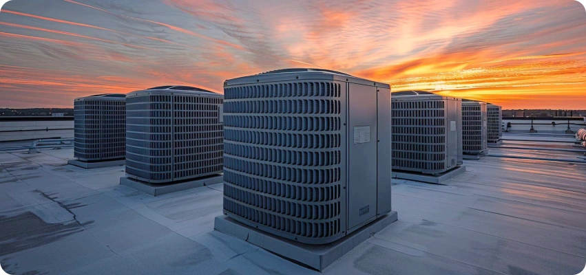 Rooftop HVAC condensers at sunset